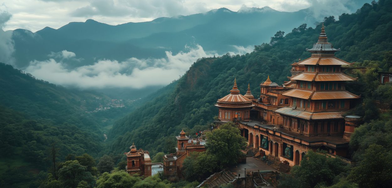 A panoramic view of the Temple nestled in the green mountains, India, muted color, white clouds. with a distant mountain range behind. Captured with a wide-angle lens. Cinematic --ar 16:9 --stylize 250 --v 6.1 Job ID: e9376777-cbf0-445d-bebf-4a9b00981216