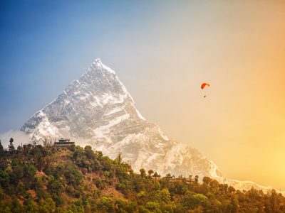 Paragliding near Machhapuchhre mount in Pokhara, Nepal